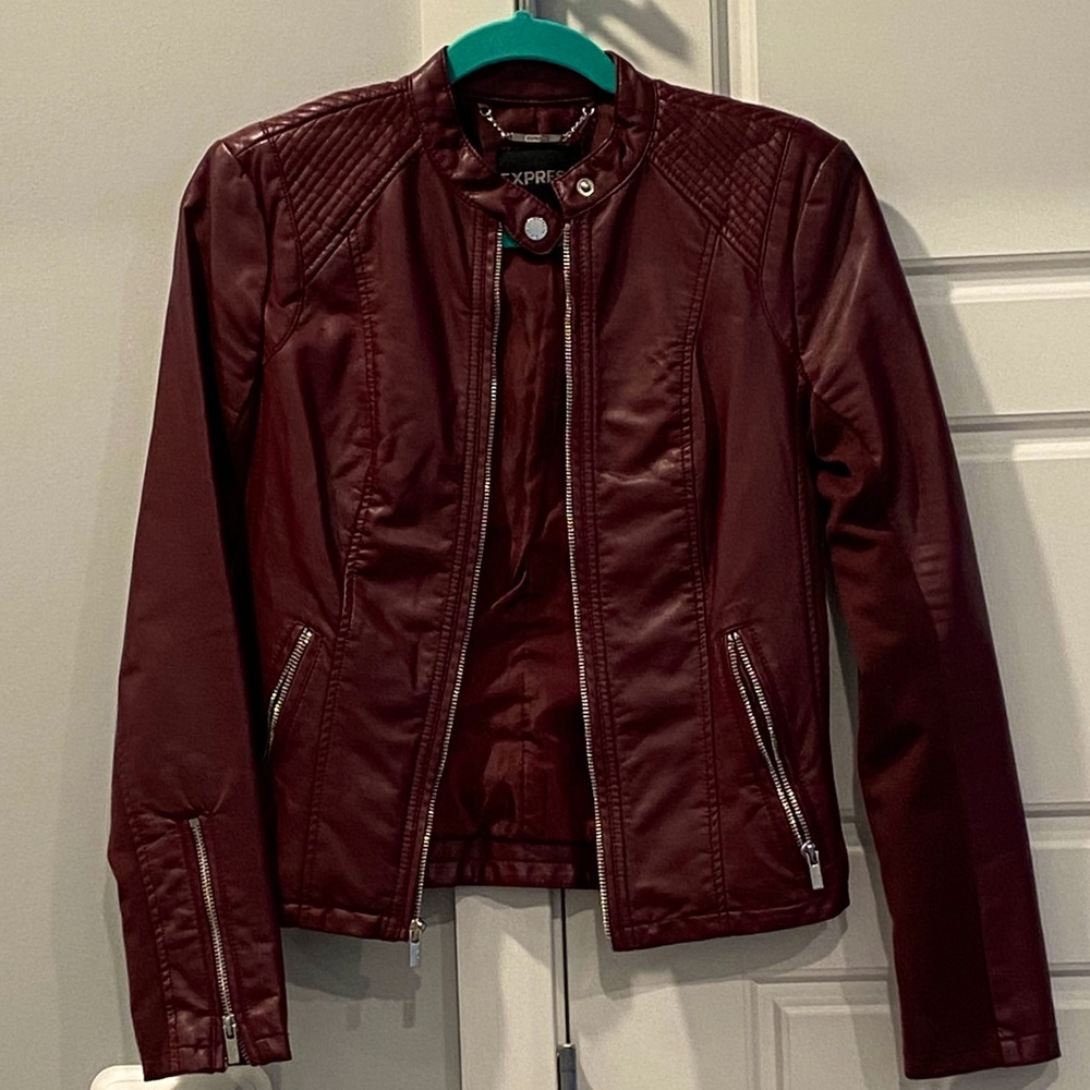 Express burgundy vegan leather moto jacket